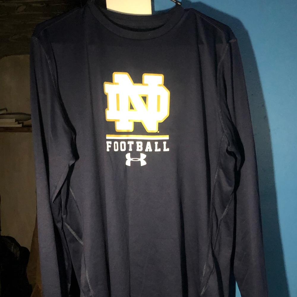 Dark blue long sleeve ND football compression warmup shirt. Size medium